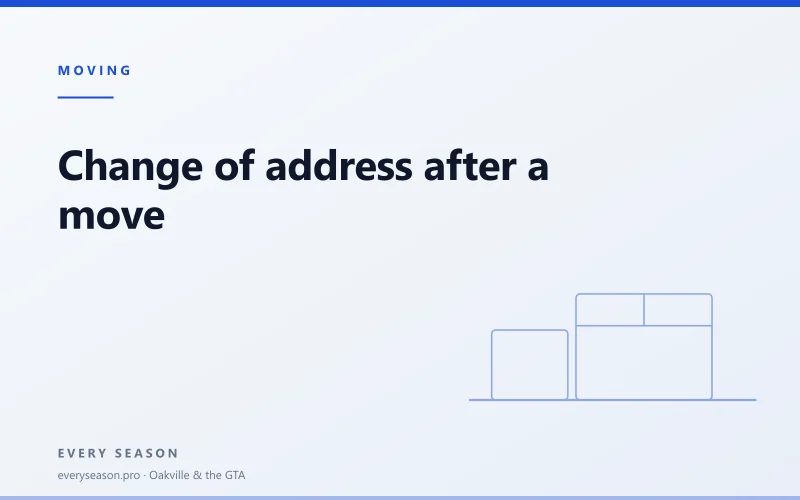 Editorial banner reading 'Change of address after a move' with a line-drawn moving box motif on a light background
