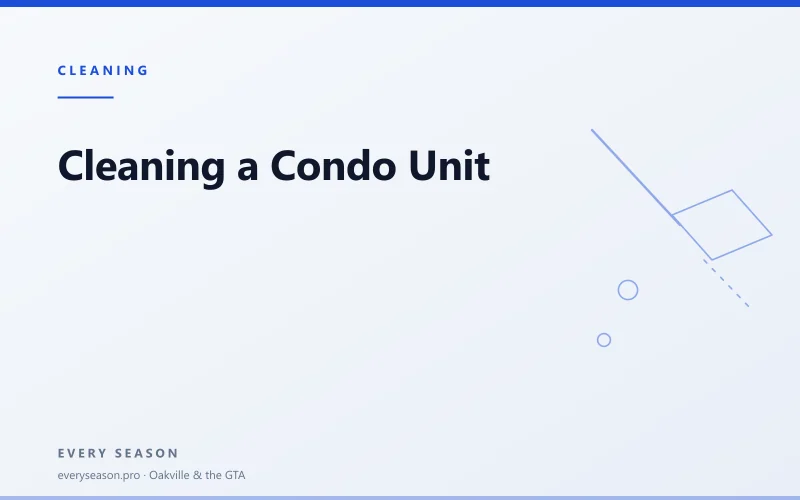 Editorial banner reading 'Cleaning a Condo Unit' with a line-drawn cleaning motif