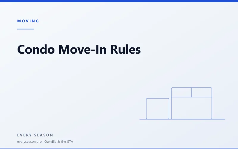 Light editorial banner reading Condo Move-In Rules with a moving-box motif