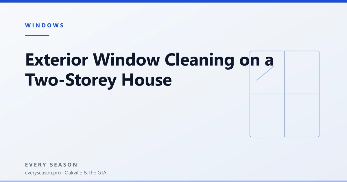 Editorial banner reading 'Exterior Window Cleaning on a Two-Storey House' with a line-drawn window motif