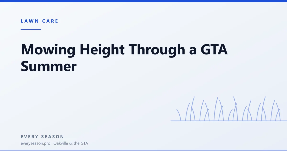 Editorial banner reading 'Mowing Height Through a GTA Summer' with a line-drawn lawn motif