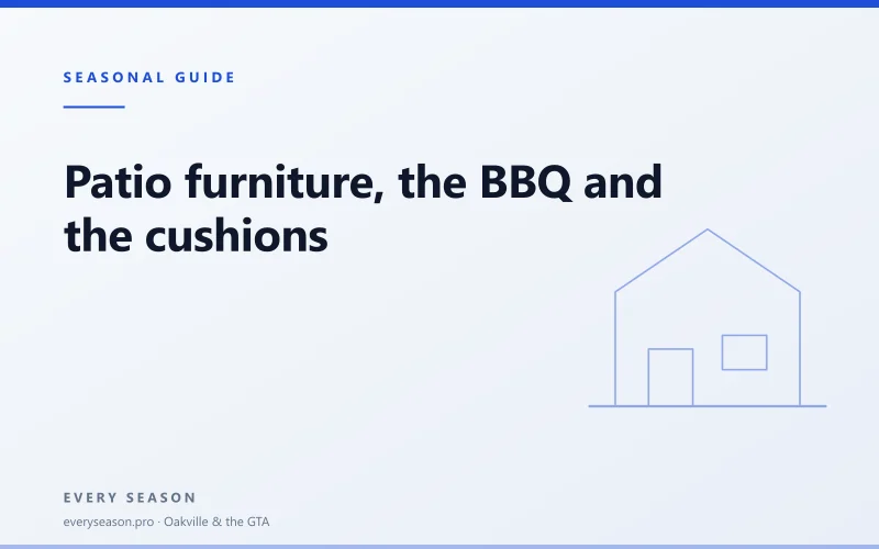 Light editorial banner reading Patio furniture, the BBQ and the cushions, with a house motif
