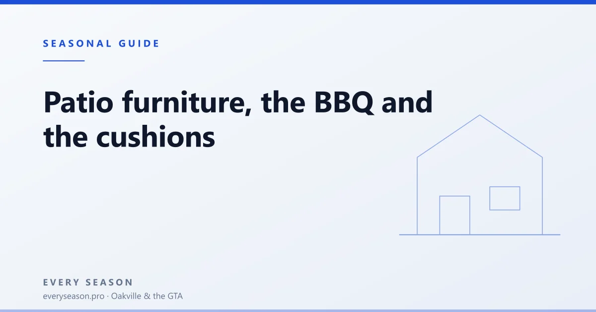 Light editorial banner reading Patio furniture, the BBQ and the cushions, with a house motif