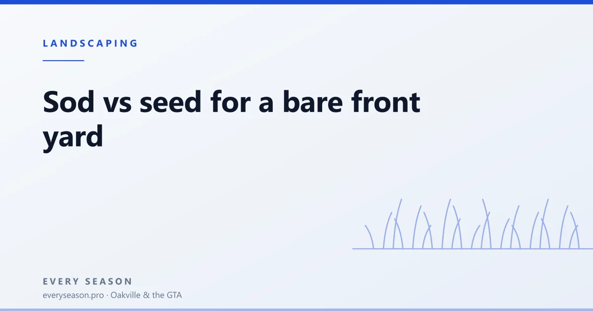 Editorial banner reading 'Sod vs seed for a bare front yard' with a line-drawn lawn motif