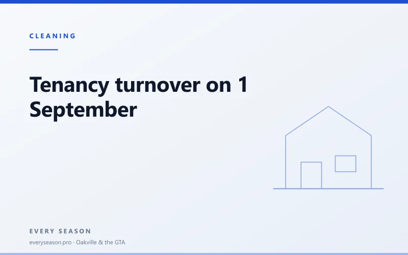 Light editorial banner reading Tenancy Turnover, 1 September over a house motif, for a guide to preparing a rental unit between tenants in Oakville, Mississauga and Etobicoke